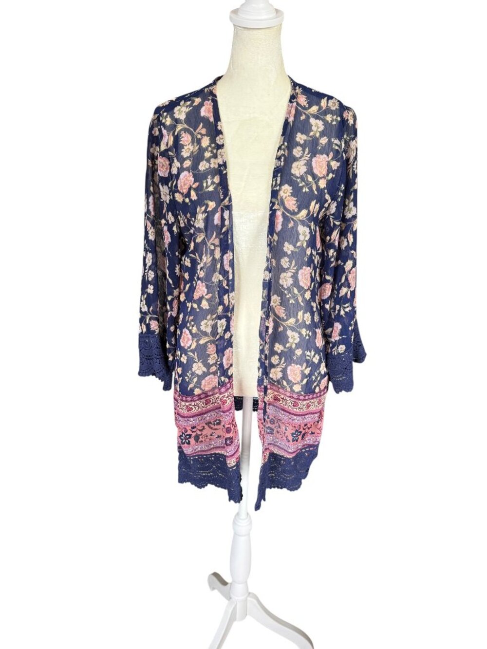 Rewind blue and pink floral open cardigan 3/4 sleeve lace trim women's size M